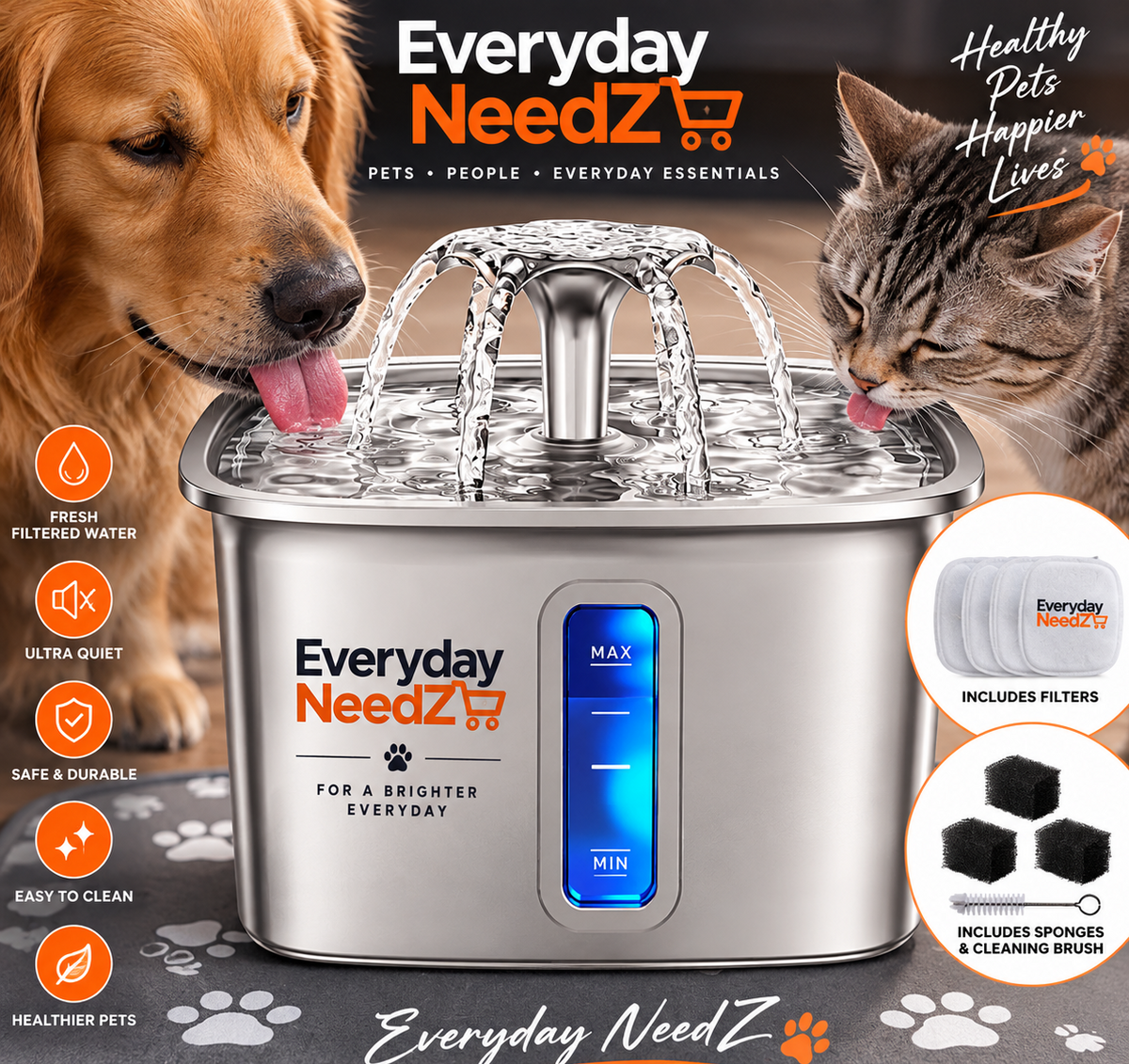 Automatic Pet Fountain Dog Water Dispenser with 3 Replacement Filters & Silicone Mat, Gifts for Cats, Dogs (Silver)