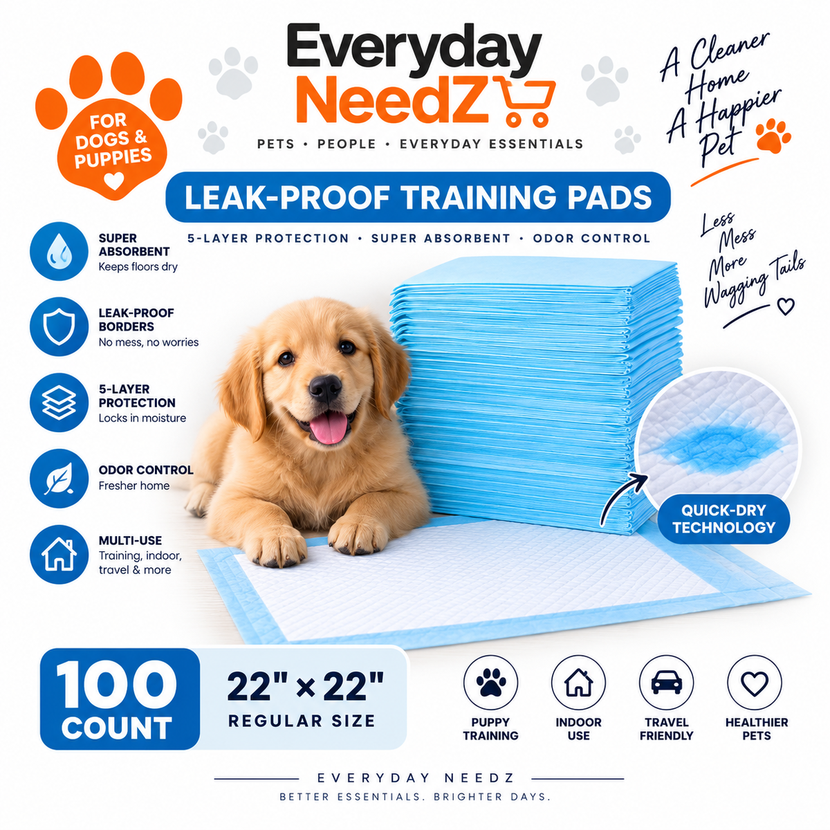Leak-Proof Dog and Puppy Potty Training Pee Pads with Quick-Dry 5-Layer Super Absorbent Design, Regular Size 22 x 22 inch, Blue & White, 100 Count