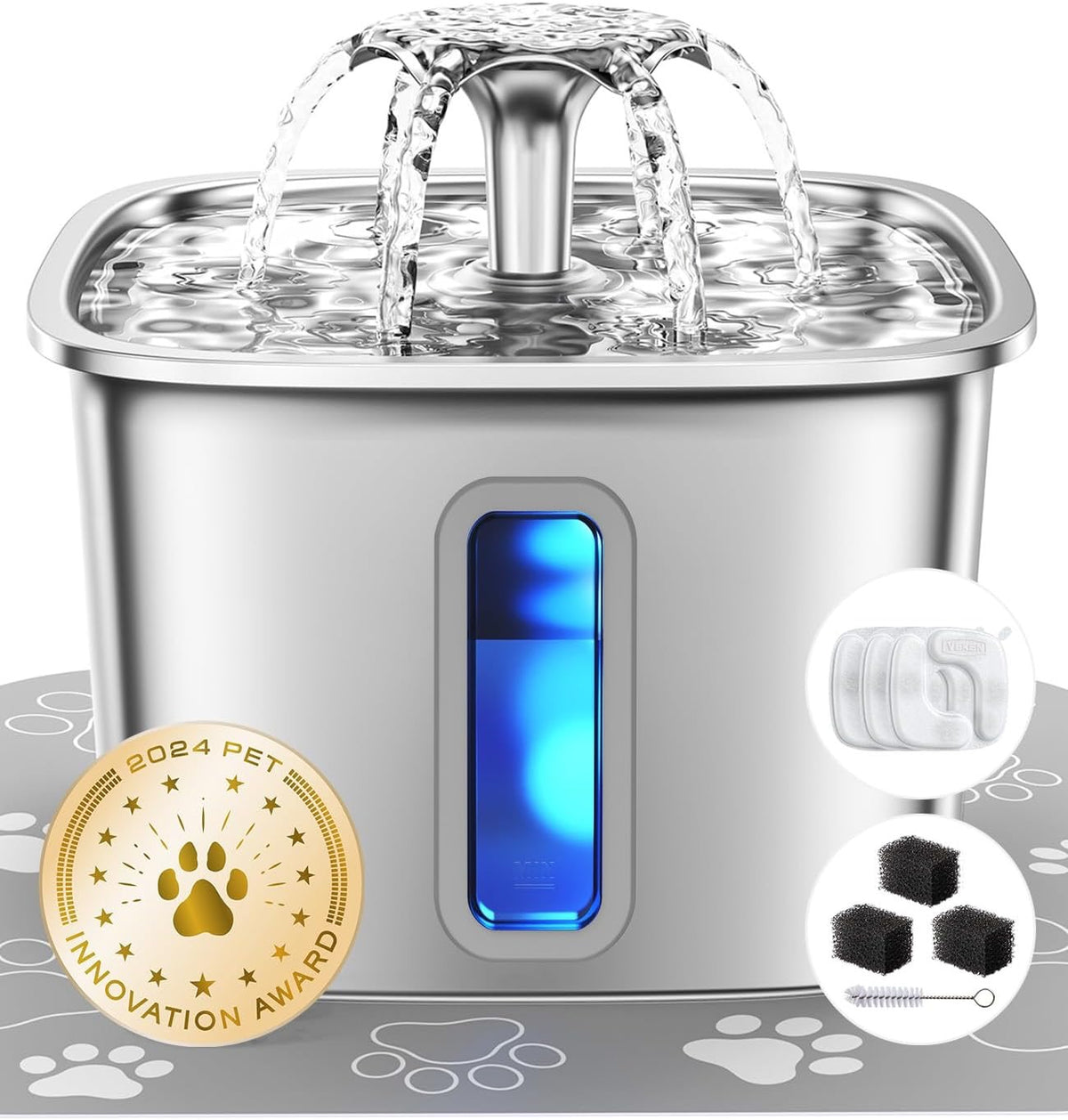 Automatic Pet Fountain Dog Water Dispenser with 3 Replacement Filters & Silicone Mat, Gifts for Cats, Dogs (Silver)